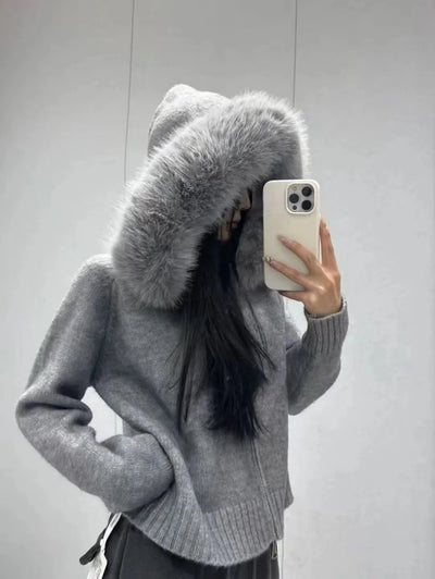 Small Fox Fur Collar Sweater Coat