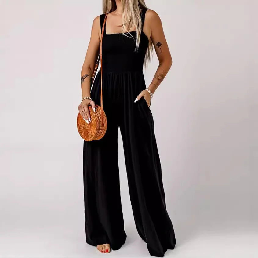 Smocked Square Wide-Leg Jumpsuit