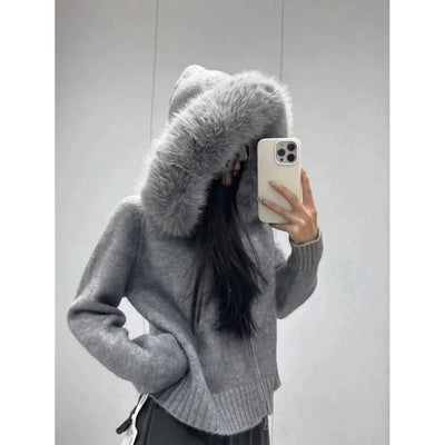 Small Fox Fur Collar Sweater Coat