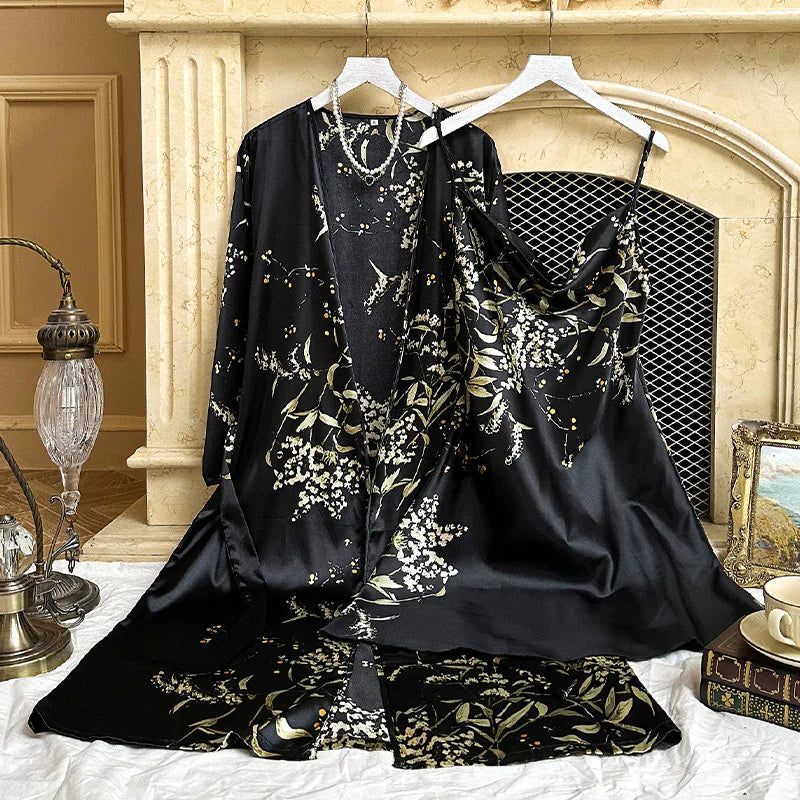 Printed Ice Silk Sling Nightgown Suit