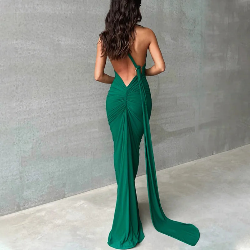 Slant Shoulder Backless Maxi Dress