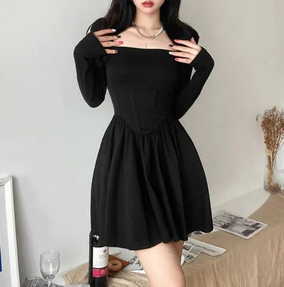 Women's Square Neck Long Sleeve Slim Fit Mini Dress