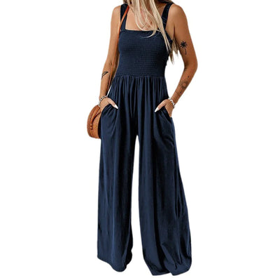 Smocked Square Wide-Leg Jumpsuit