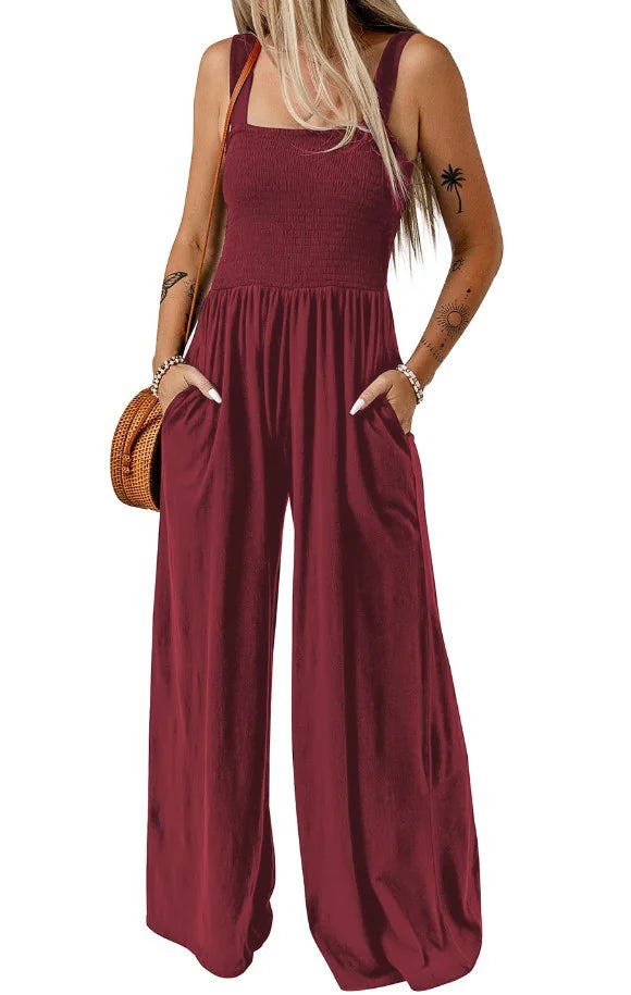 Smocked Square Wide-Leg Jumpsuit