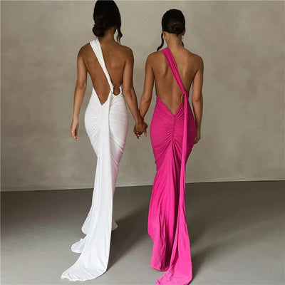 Slant Shoulder Backless Maxi Dress