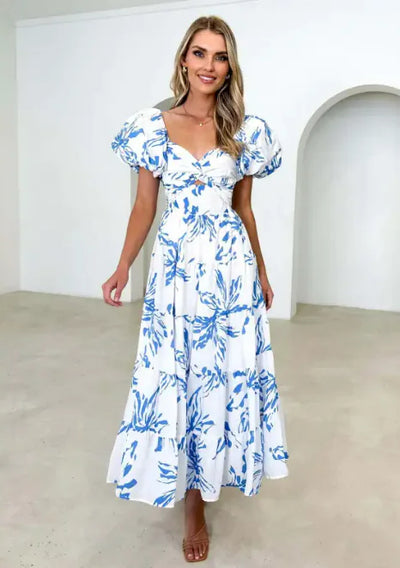 Spring Fashion Puff Sleeve V-neck Hollow Printed Dress