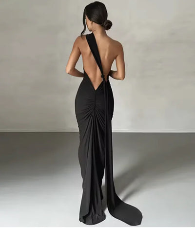 Slant Shoulder Backless Maxi Dress