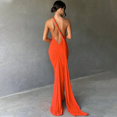 Slant Shoulder Backless Maxi Dress