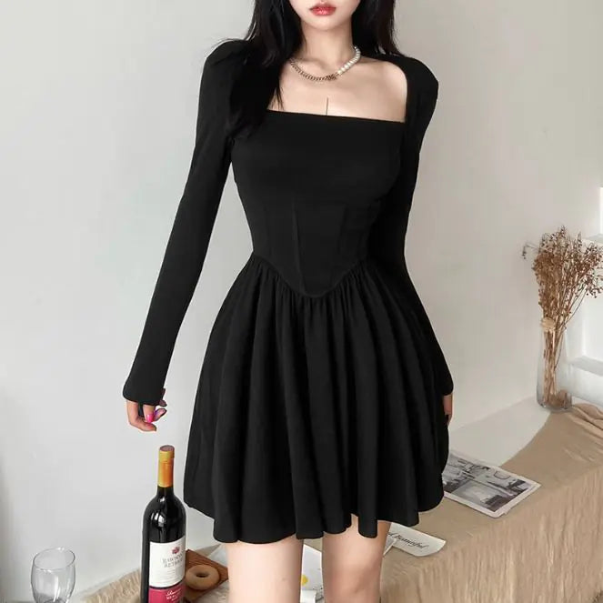 Women's Square Neck Long Sleeve Slim Fit Mini Dress