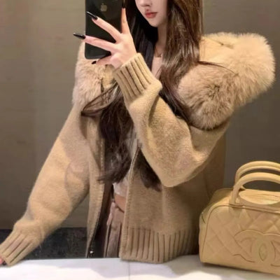 Small Fox Fur Collar Sweater Coat