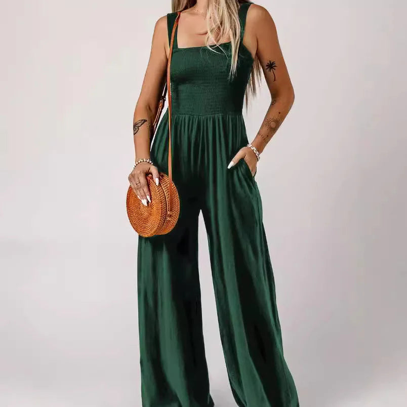 Smocked Square Wide-Leg Jumpsuit