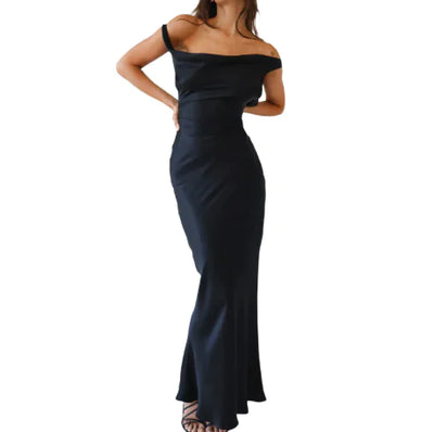 Satin Backless Slip Dress Swing Collar Temperament