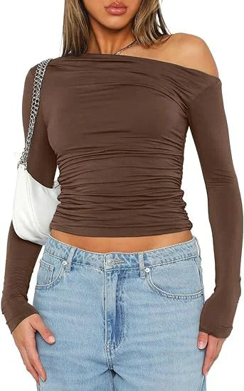 Asymmetric Shoulder Long Sleeve Top