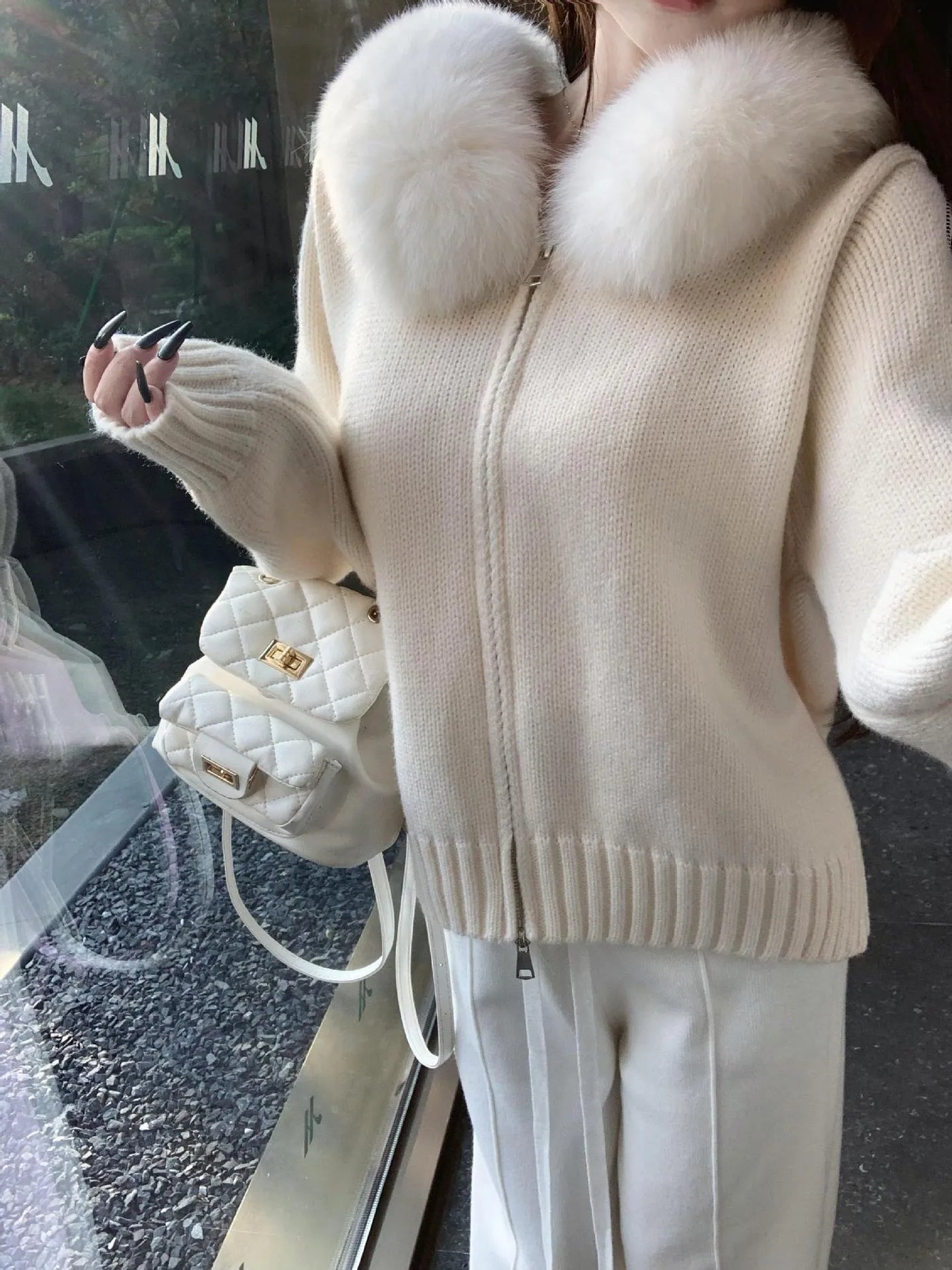 Small Fox Fur Collar Sweater Coat