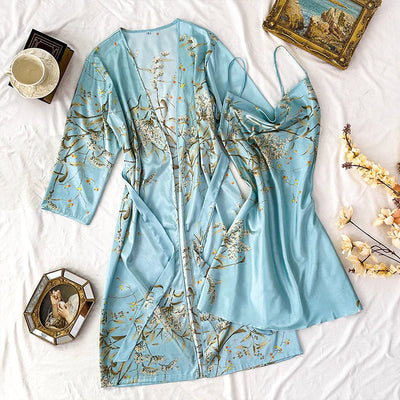 Printed Ice Silk Sling Nightgown Suit